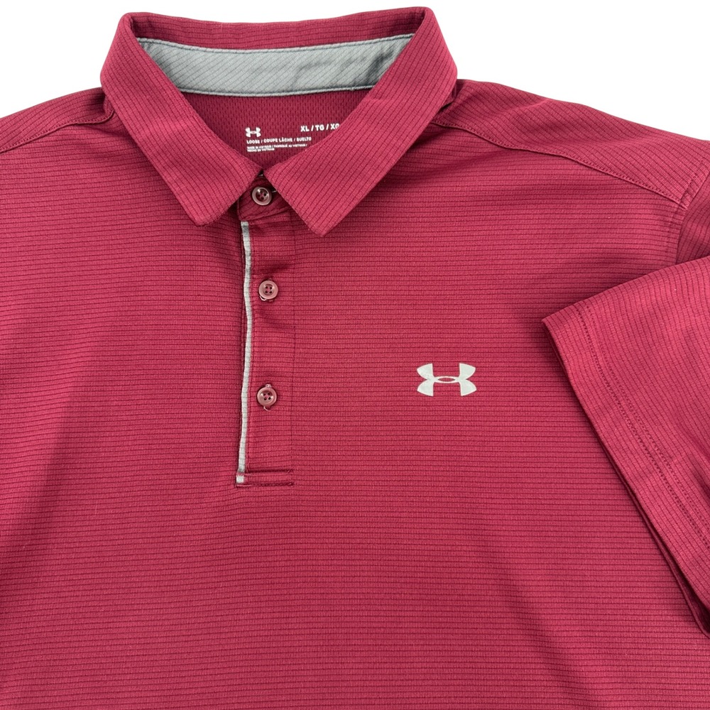 Under Armour Polo Shirt Mens XL Maroon Excellent‎ HeatGear Loose Fit Striped